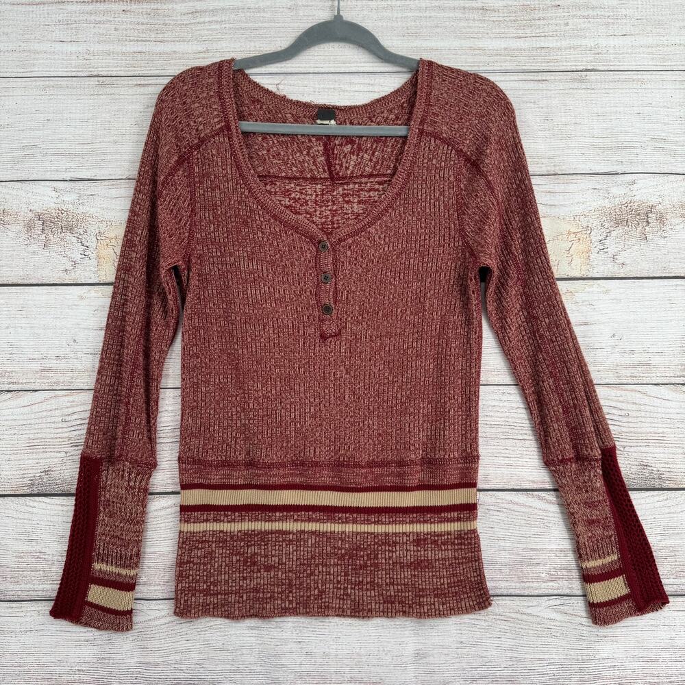 We the Free People Henley Thermal Shirt Womens XS Red Tan